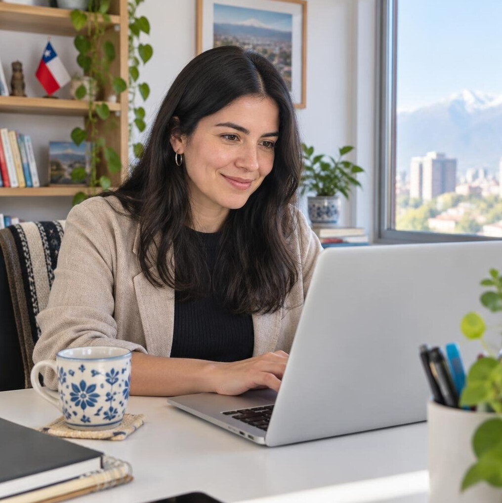 Latina woman working on a laptop at a bright desk smiling at the screen