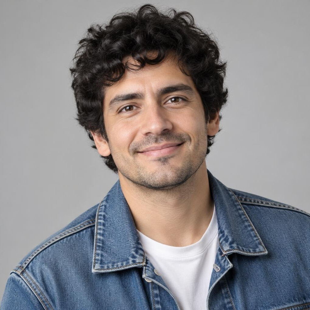 Studio portrait of a Latino man in his thirties with curly dark hair and a denim jacket