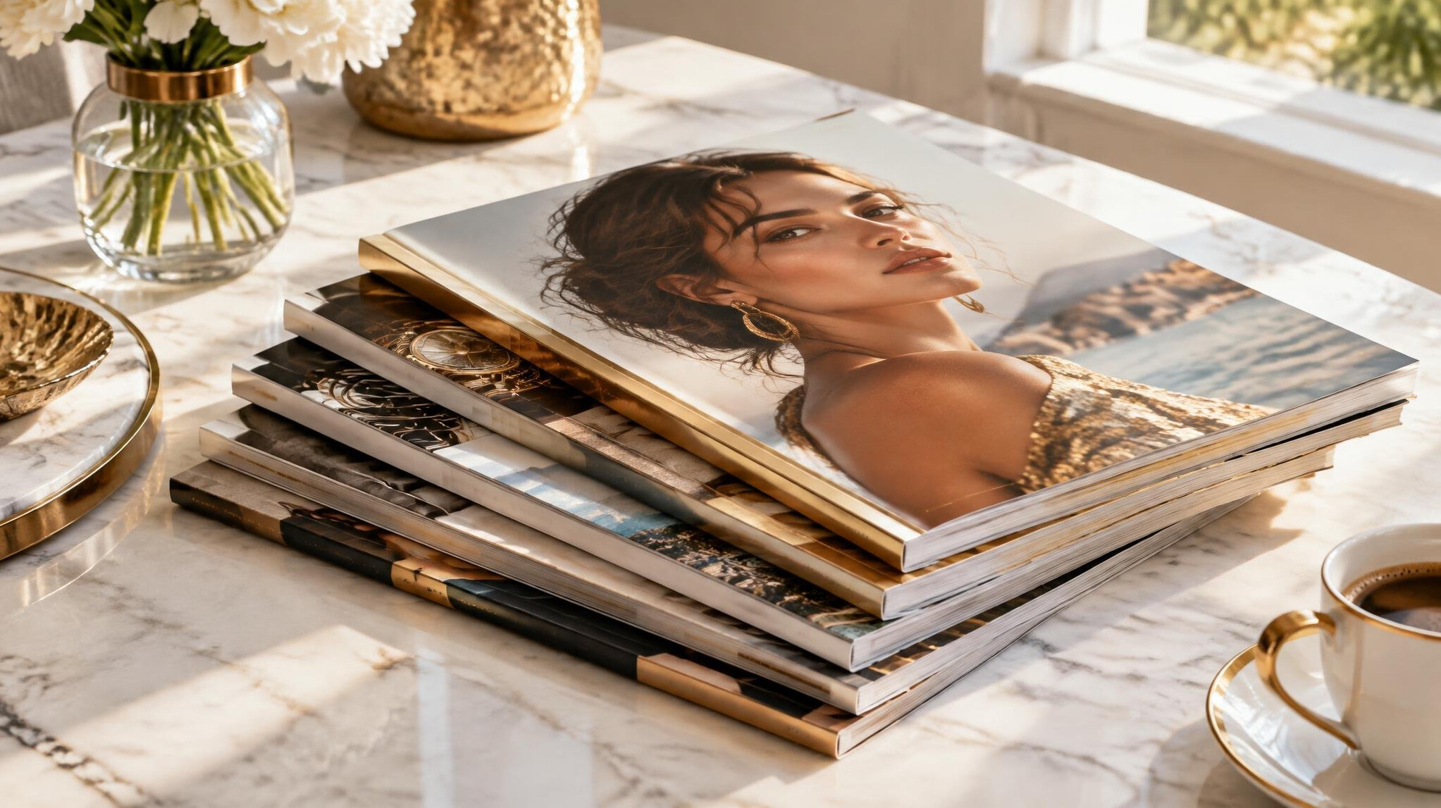 Stack of glossy entertainment magazines with golden accents on a marble table